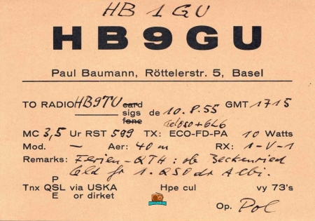 HB9GU Paul mit HB1GU (in den 50 Jahren war es üblich bei Portalbetrieb HB1 zu nehmen) (silent key 1982 61 Jahre) QSO mit HB9TU Albert (silent key 2024 88 Jahre)